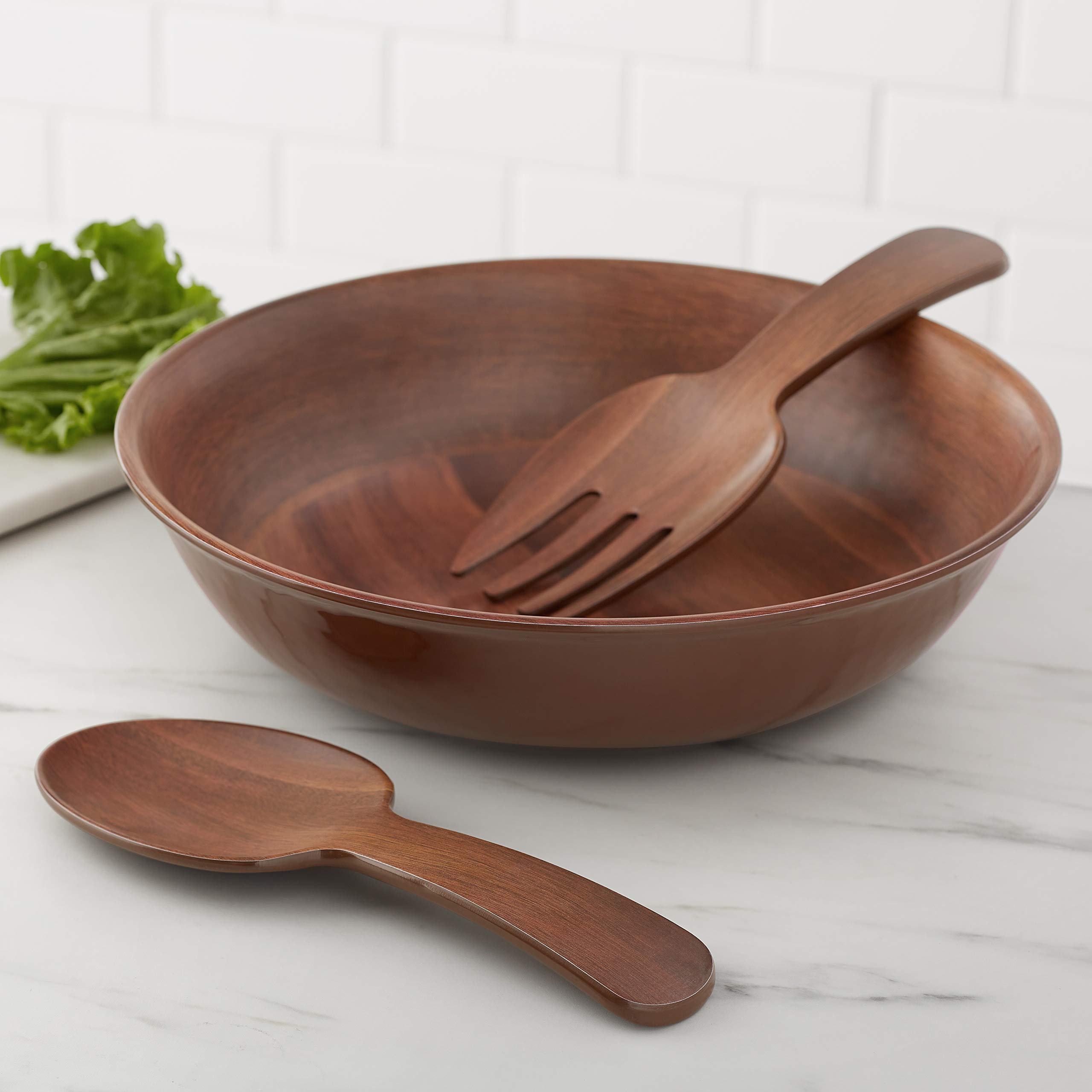 AmazonBasics 沙律上菜碗連餐具｜13.8吋・相思木紋・圖片 2